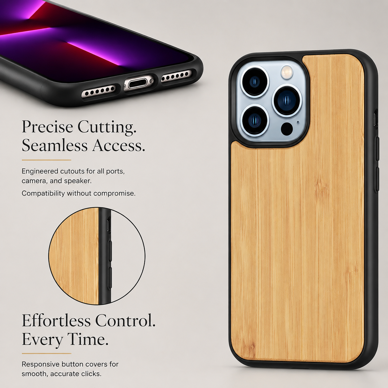Premium iPhone Case MagSafe Compatible Solid Bamboo Wood Protective Cover Camera Lens Protection Shockproof Hard Back Slim Natural Design