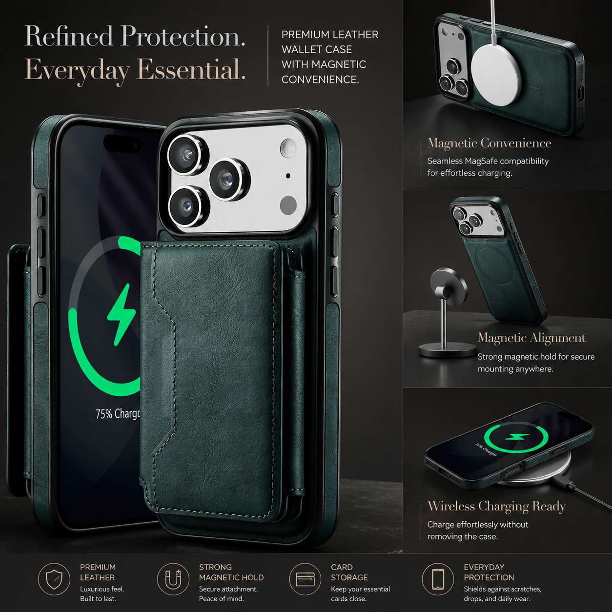 Premium iPhone Case MagSafe Compatible Wallet Cover Card Holder Shockproof Protective Cover Detachable Magnetic Leather Design