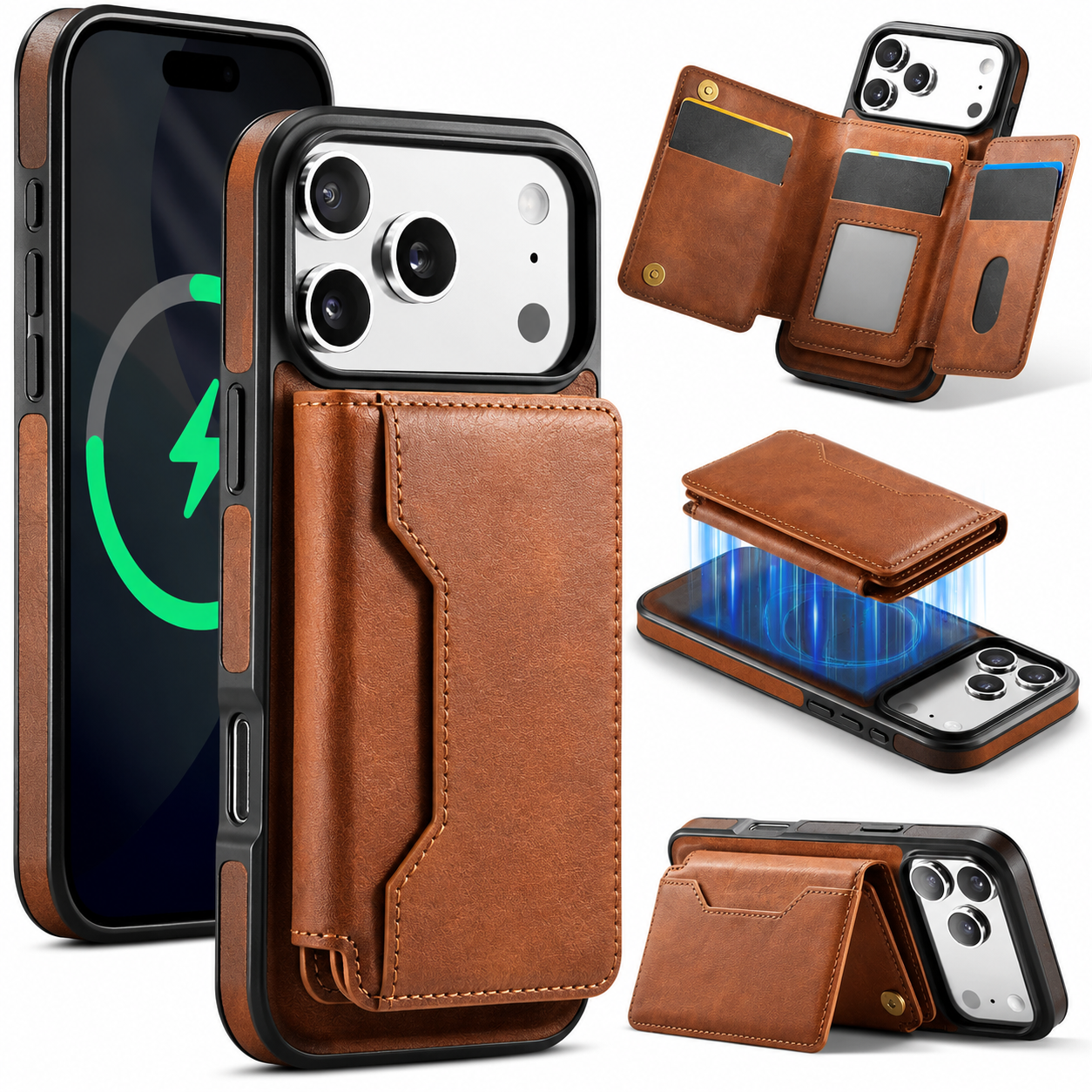 Premium iPhone Case MagSafe Compatible Wallet Cover Card Holder Shockproof Protective Cover Detachable Magnetic Leather Design