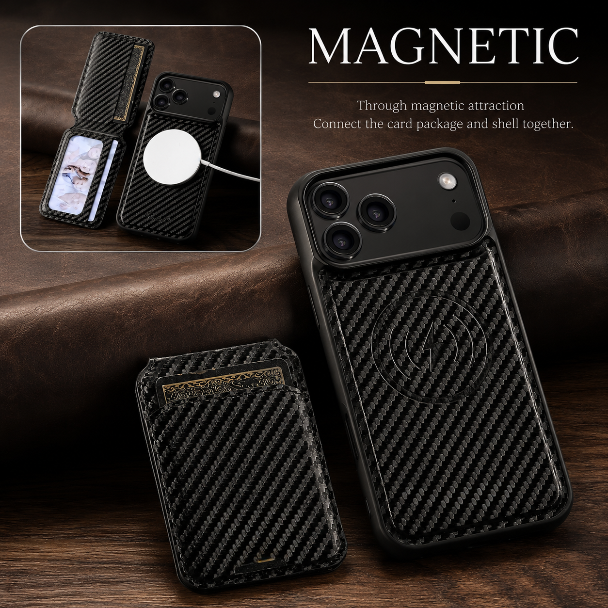 Premium iPhone Case MagSafe Compatible Wallet Cover Card Holder Shockproof Protective Cover Magnetic Stand Faux Leather Design