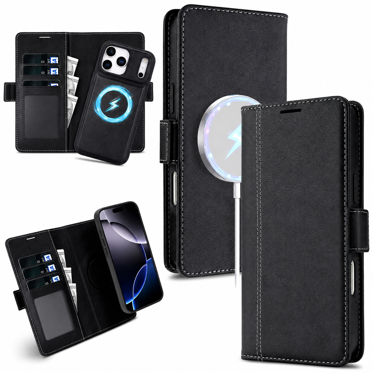 Premium iPhone Case MagSafe Compatible Wallet Cover with Card Holder, Magnetic Leather Matte Finish, Anti Fingerprint Surface, Shockproof Protection