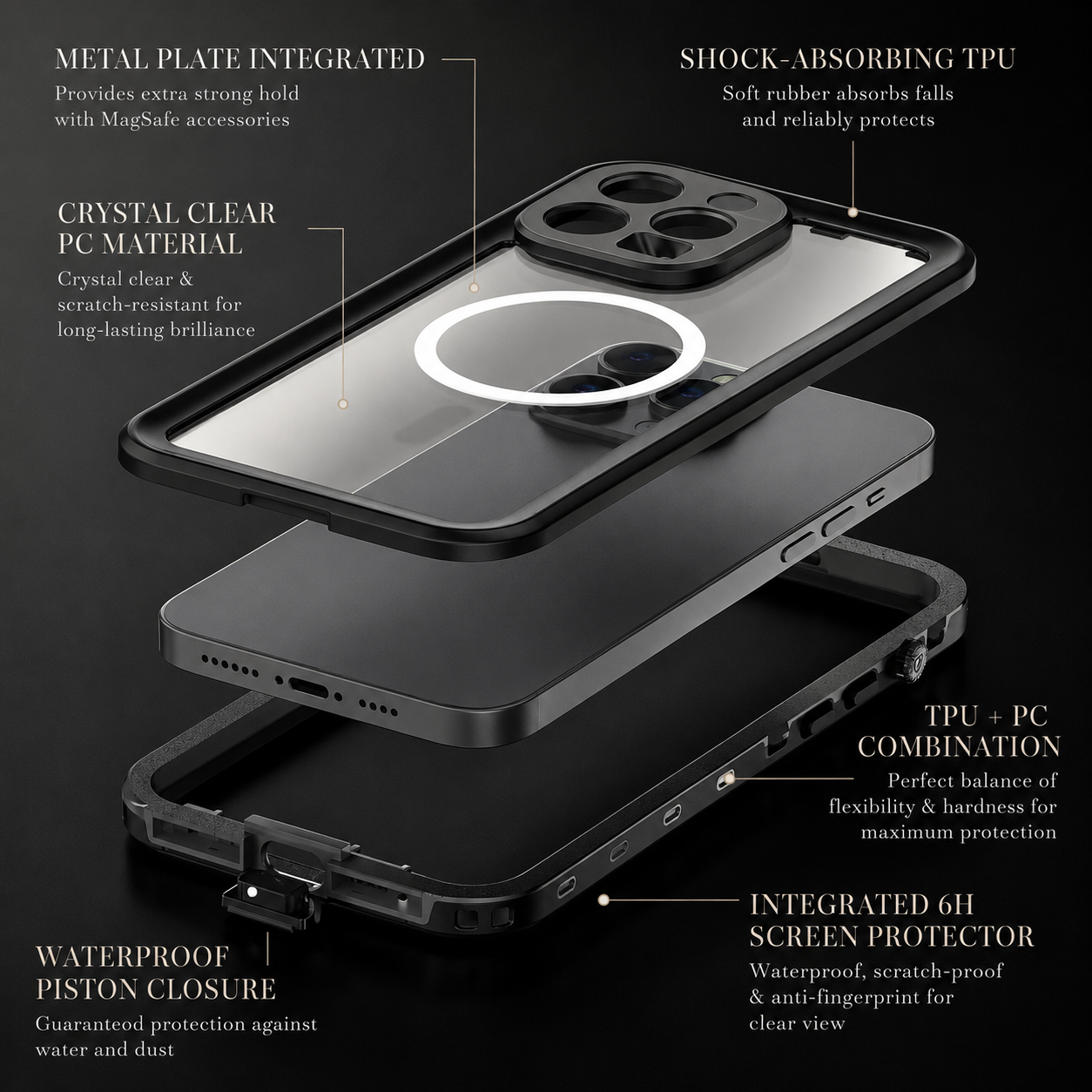 Premium iPhone Case MagSafe Compatible Waterproof IP68 Protective Cover 360 Full Body Shockproof Sealed Design Camera Lens Protection Dustproof