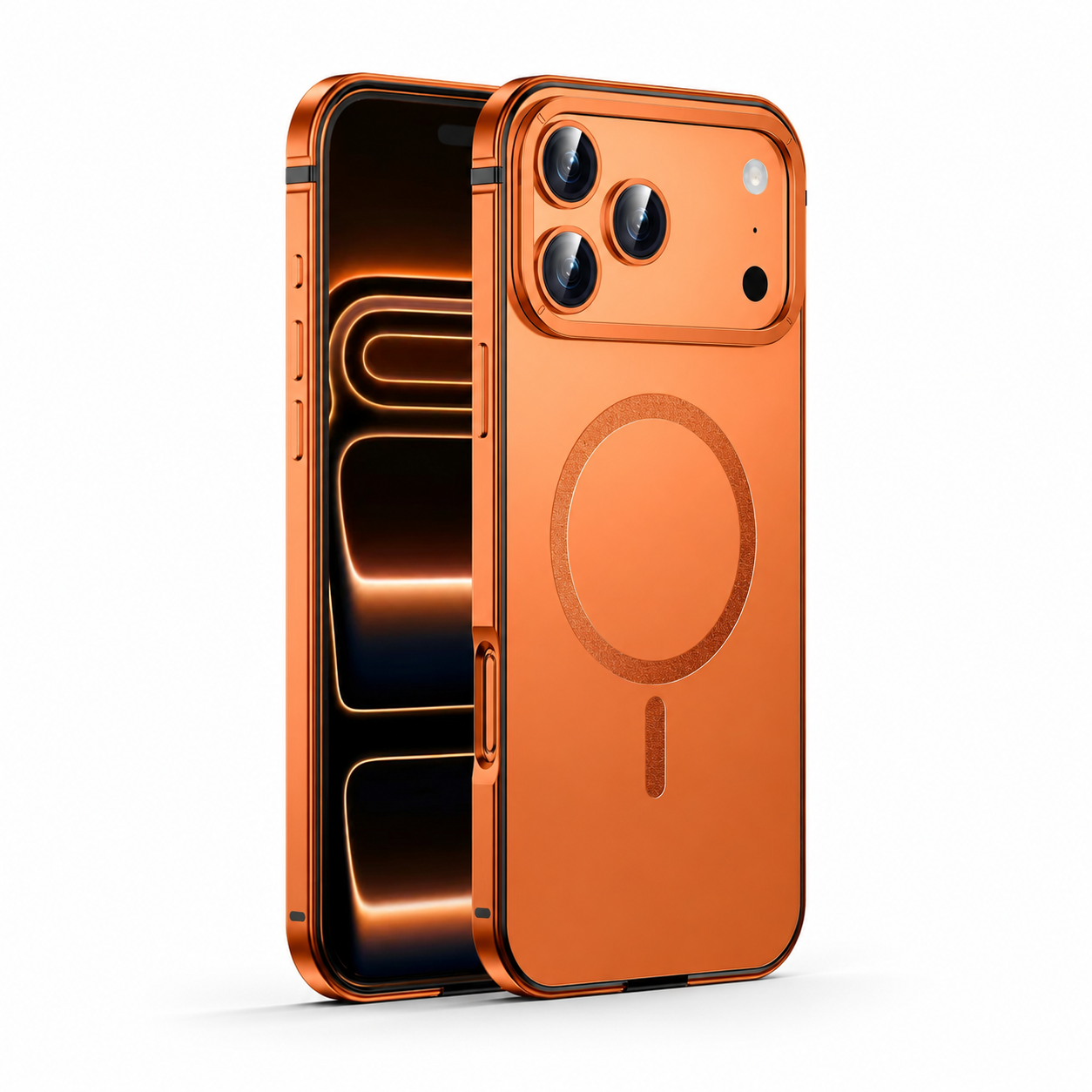 Premium iPhone Case MagSafe Compatible with Orange Aluminum Alloy Frame, Camera Lens Protection, Shockproof Design, Matte Finish and Secure Everyday Protection