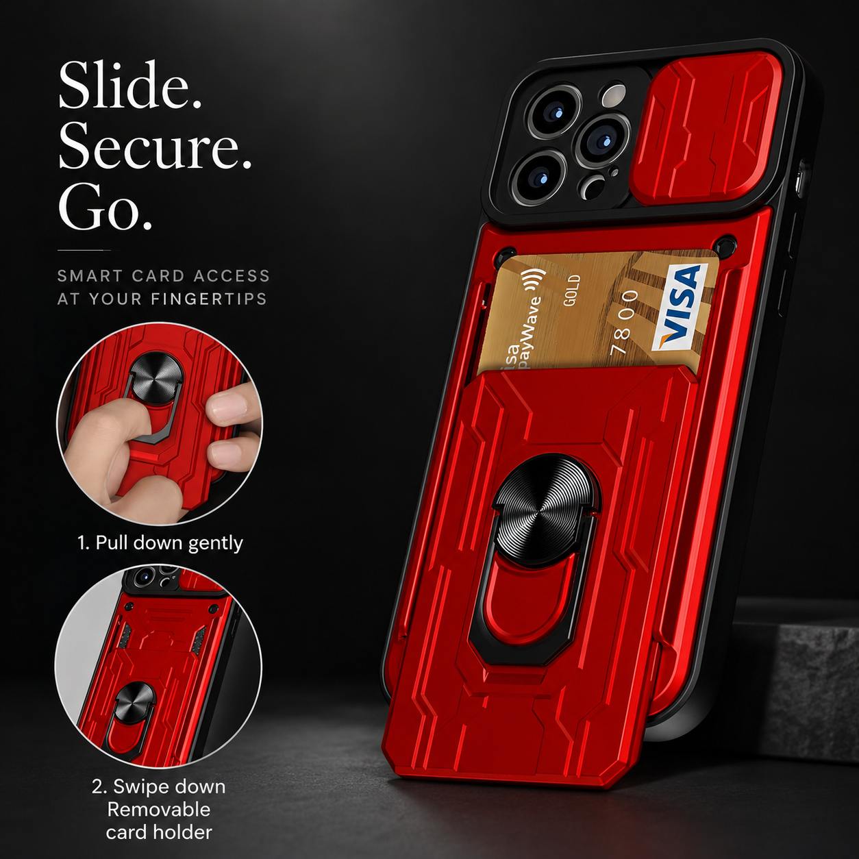 Premium iPhone Case Magnetic Bumper Design with Camera Lens Protection, Card Slot Storage, 360 Degree Ring Stand and Shockproof PC TPU Build