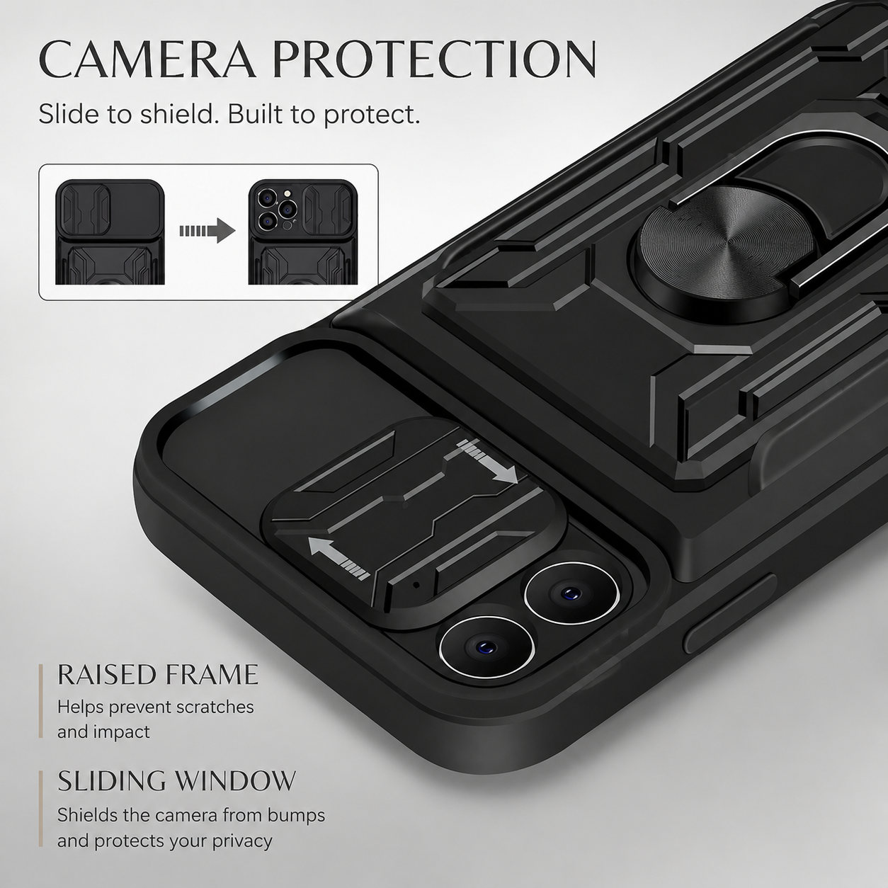 Premium iPhone Case Magnetic Bumper Design with Camera Lens Protection, Card Slot Storage, 360 Degree Ring Stand and Shockproof PC TPU Build