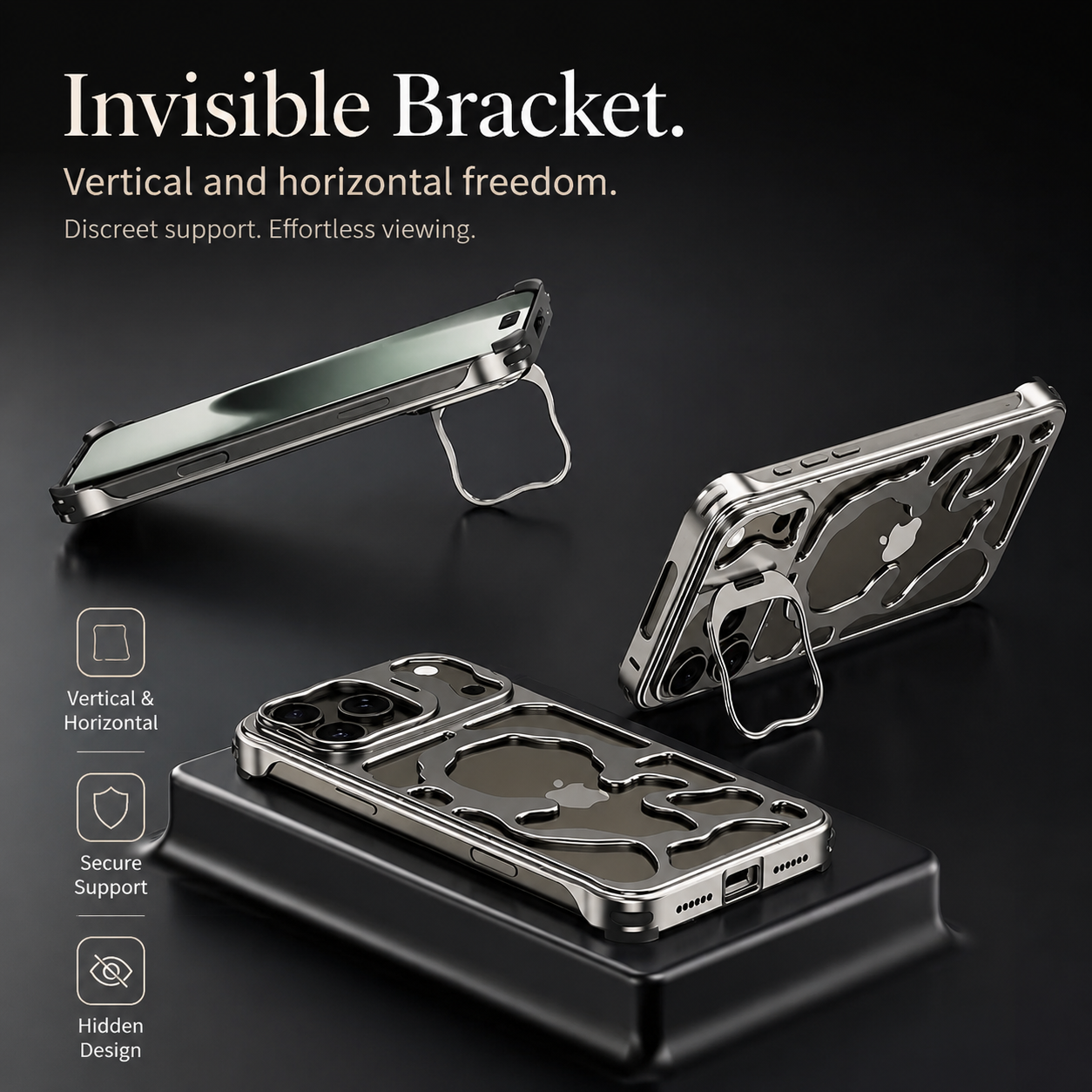 Premium iPhone Case Magnetic Hollow Metal Cover Heat Dissipation Breathable Frame Built In Stand Bracket Shockproof Slim Non Slip Protective Design