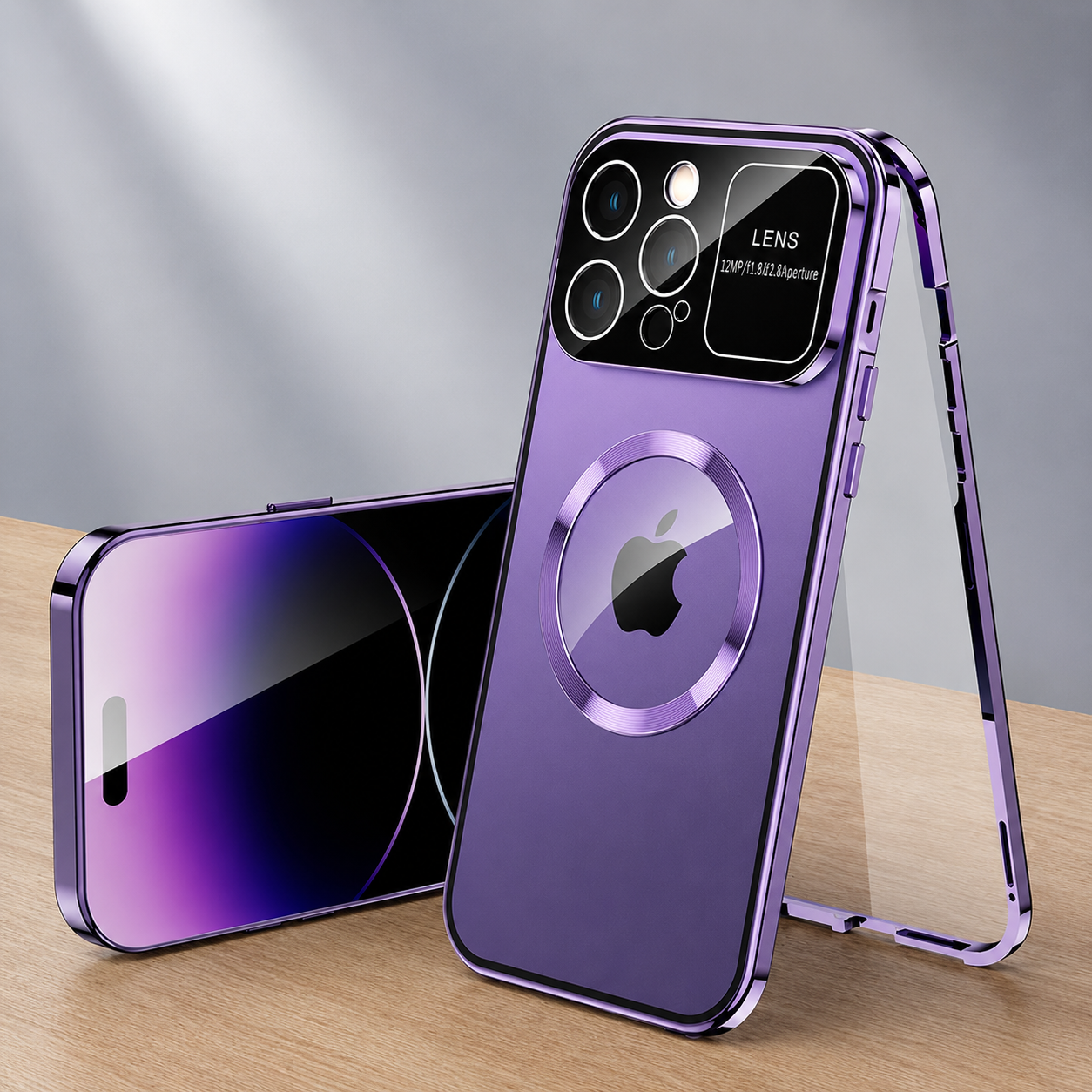 Premium iPhone Case Magnetic Metal Cover Aluminum Frame Tempered Glass Screen Guard Large Lens Window Shockproof Anti Scratch Slim Protective Design