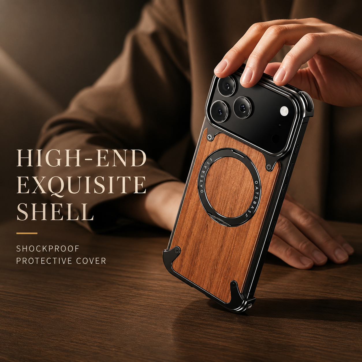 Premium iPhone Case Magnetic Solid Wood Cover, Shockproof Protective Design with 360° Rotating Ring Stand, Aluminum Frame and Secure Non-Slip Grip