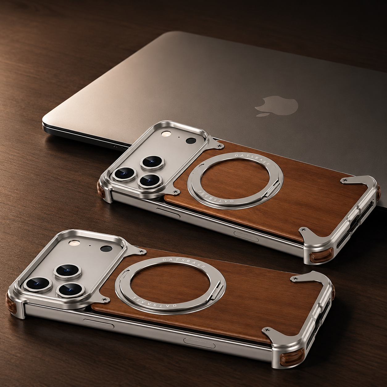 Premium iPhone Case Magnetic Solid Wood Cover, Shockproof Protective Design with 360° Rotating Ring Stand, Aluminum Frame and Secure Non-Slip Grip