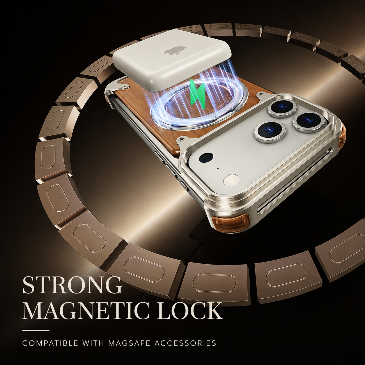 Premium iPhone Case Magnetic Solid Wood Cover, Shockproof Protective Design with 360° Rotating Ring Stand, Aluminum Frame and Secure Non-Slip Grip