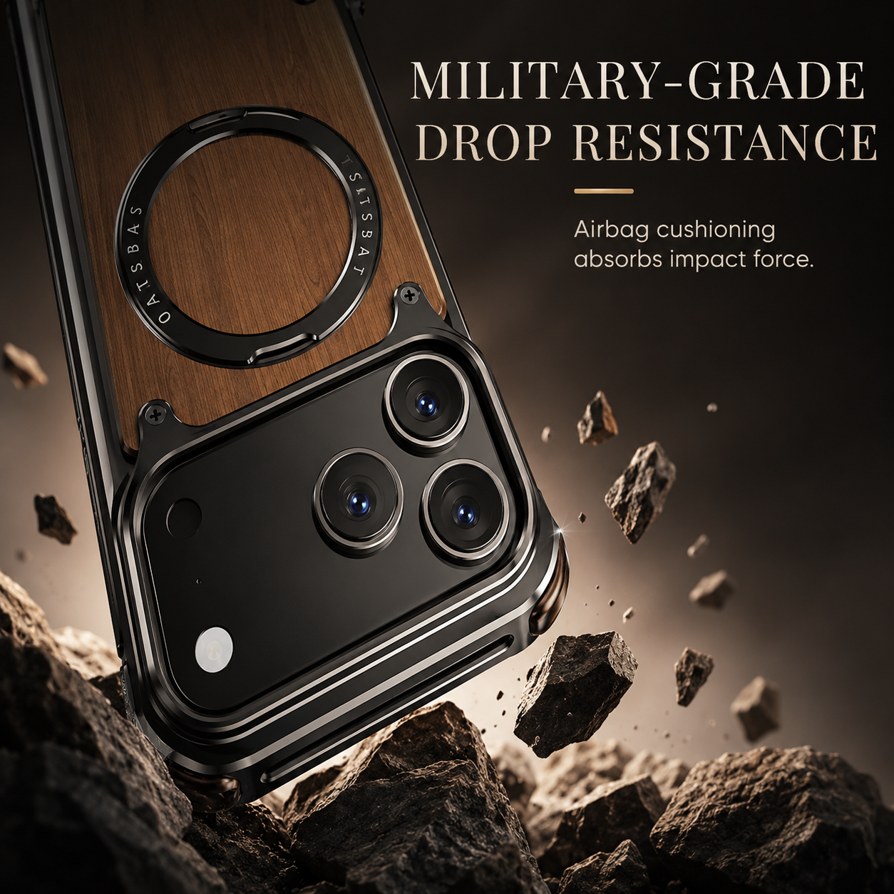 Premium iPhone Case Magnetic Solid Wood Cover, Shockproof Protective Design with 360° Rotating Ring Stand, Aluminum Frame and Secure Non-Slip Grip