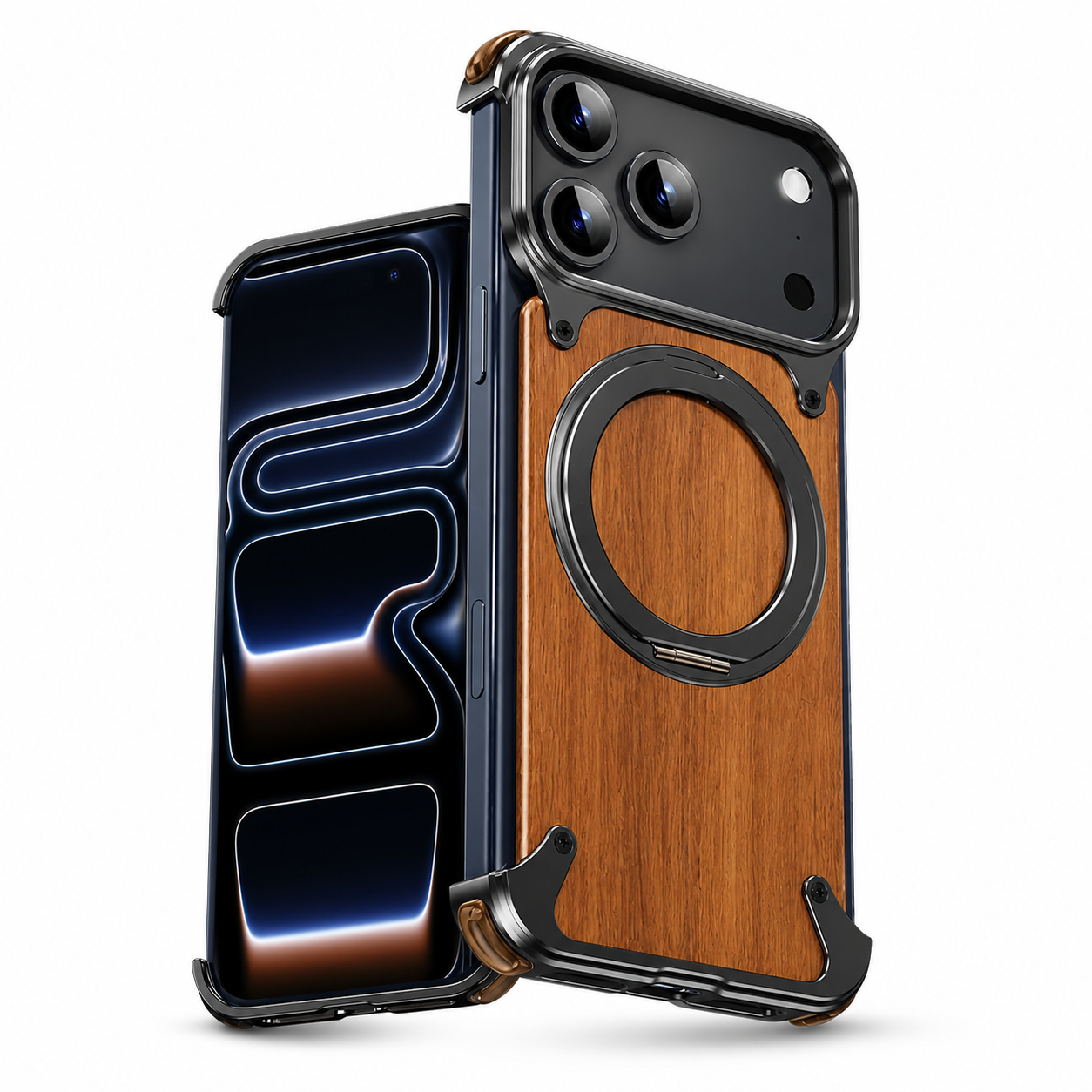 Premium iPhone Case Magnetic Solid Wood Cover, Shockproof Protective Design with 360° Rotating Ring Stand, Aluminum Frame and Secure Non-Slip Grip