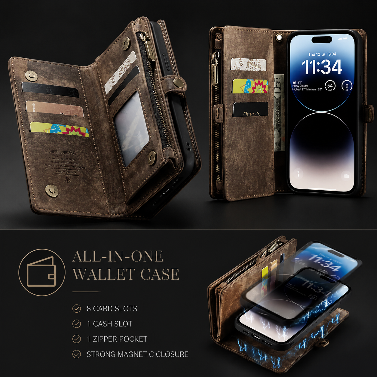 Premium iPhone Case Magnetic Wallet Cover Card Holder Shockproof Anti Fingerprint Non Slip Grip Full Protection Design Durable Case Slim Profile