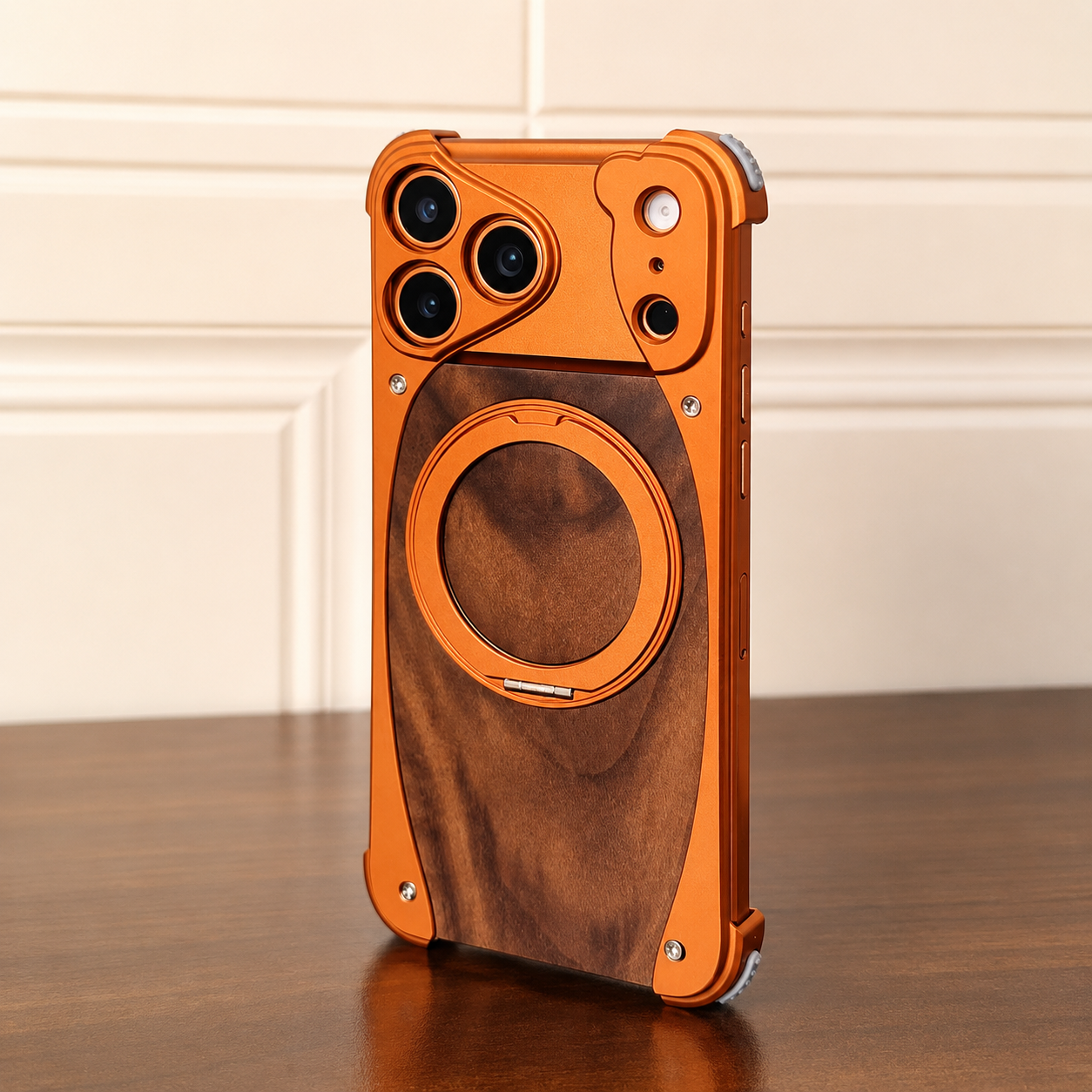 Premium iPhone Case Magnetic Walnut Wood Cover Aluminum Frame Shockproof Protection Built In Stand Non Slip Grip Luxury Design Slim Durable Case