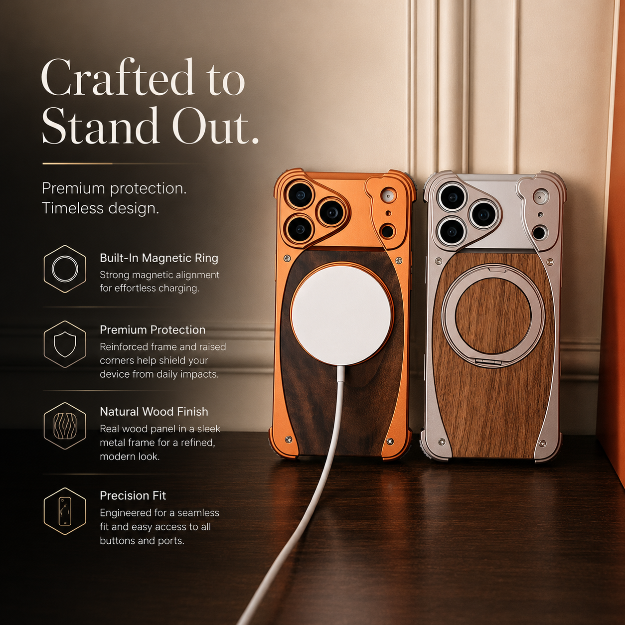 Premium iPhone Case Magnetic Walnut Wood Cover Aluminum Frame Shockproof Protection Built In Stand Non Slip Grip Luxury Design Slim Durable Case