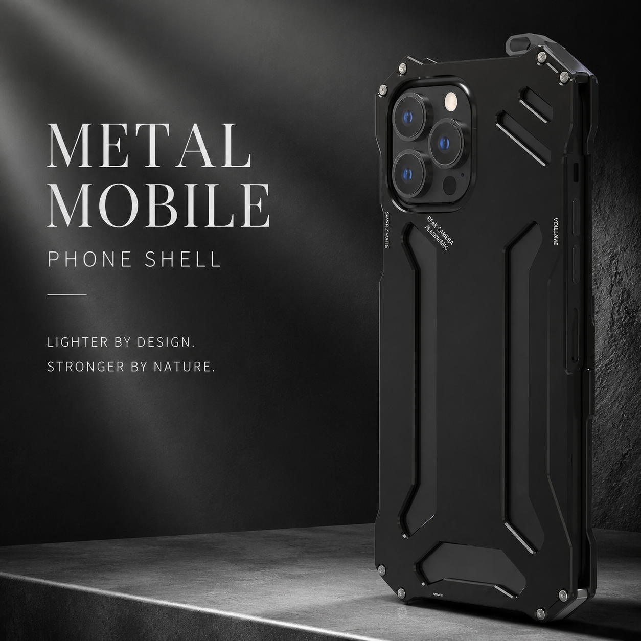Premium iPhone Case Metal Armor Build with Camera Lens Protection Heavy Duty Structure Anti Scratch Texture Non Slip Shock Resistant Grip