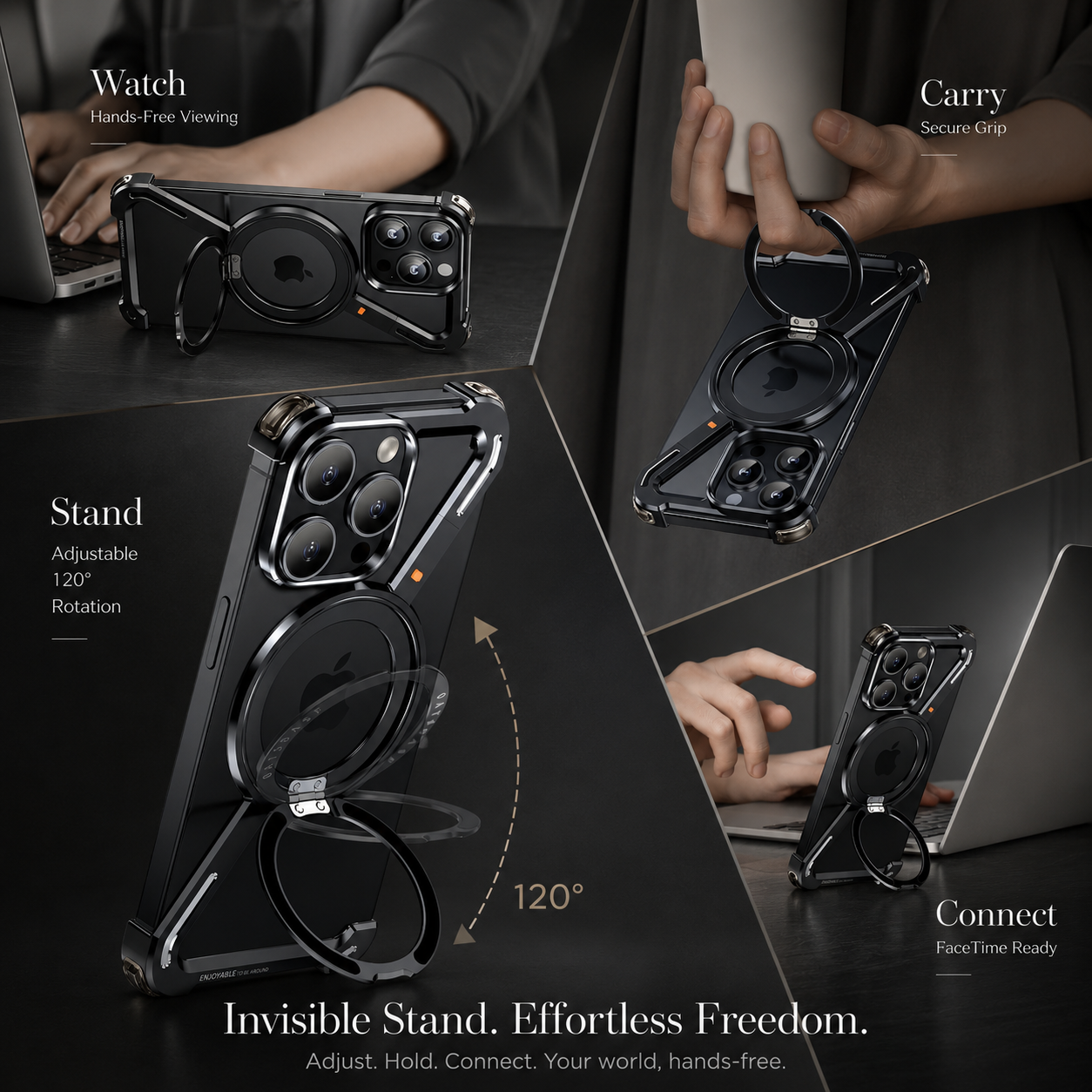 Premium iPhone Case Metal Magnetic Frameless Aluminum Cover, Shockproof Protective Design with 360° Rotating Ring Stand and Camera Protection