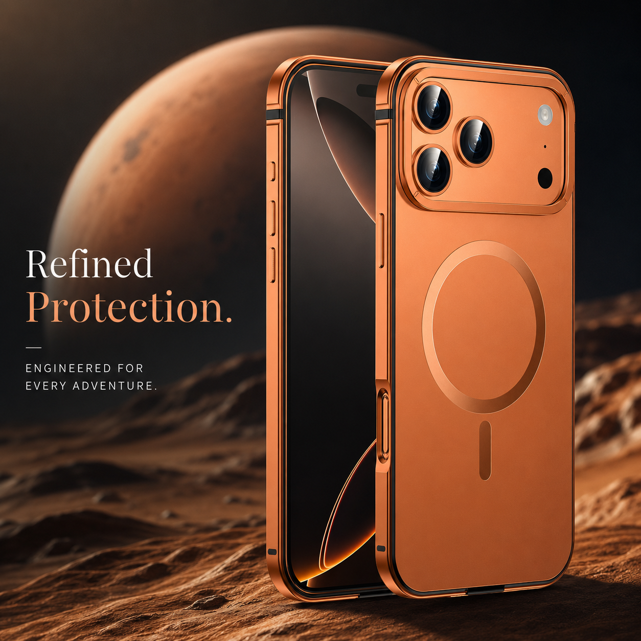 Premium iPhone Case — Orange Aluminum Alloy MagSafe Compatible Hard Shockproof Matte Cover with Magnetic Glass Protection, Anti-Scratch, Lightweight Design