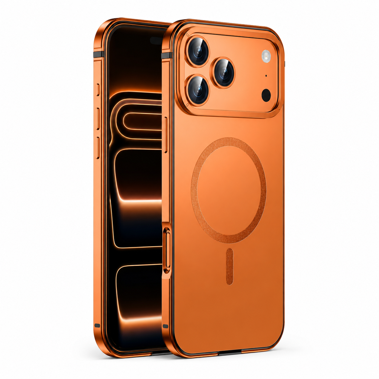 Premium iPhone Case — Orange Aluminum Alloy MagSafe Compatible Hard Shockproof Matte Cover with Magnetic Glass Protection, Anti-Scratch, Lightweight Design