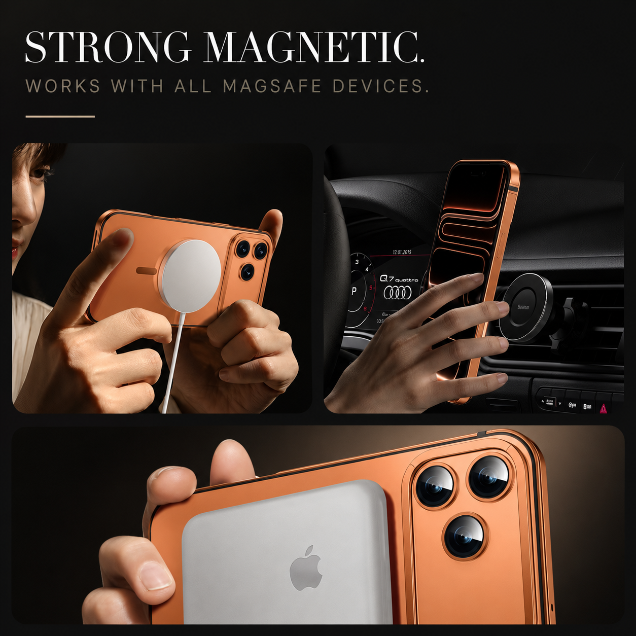 Premium iPhone Case — Orange Aluminum Alloy MagSafe Compatible Hard Shockproof Matte Cover with Magnetic Glass Protection, Anti-Scratch, Lightweight Design