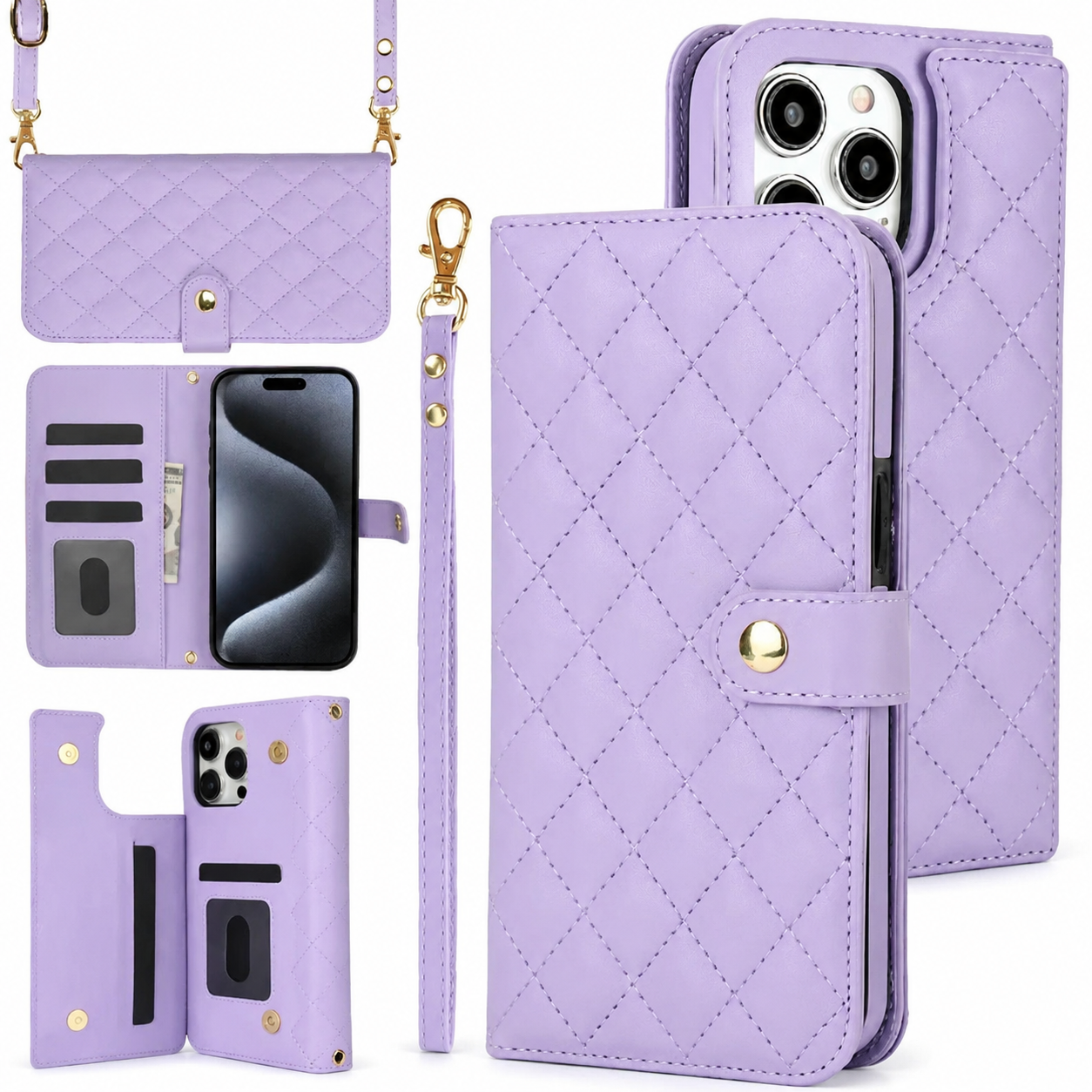 Premium iPhone Case RFID Blocking Wallet Crossbody Flip Cover PU Leather Card Holder Magnetic Closure Adjustable Strap Shockproof Full Coverage