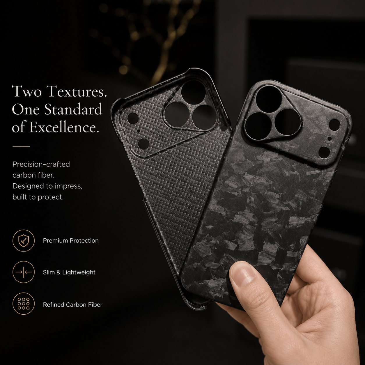 Premium iPhone Case Real Forged Carbon Fiber Finish Camera Lens Protection Anti Fingerprint Texture Lightweight Non Slip Shock Resistant Design