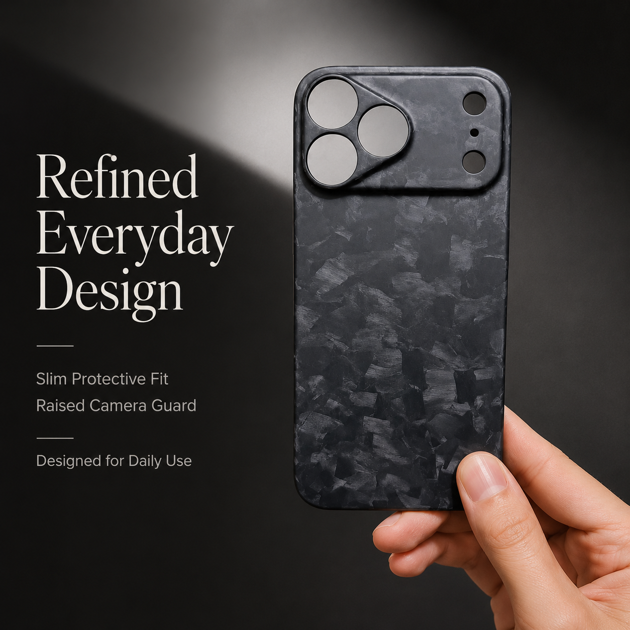 Premium iPhone Case Real Forged Carbon Fiber Finish Camera Lens Protection Anti Fingerprint Texture Lightweight Non Slip Shock Resistant Design