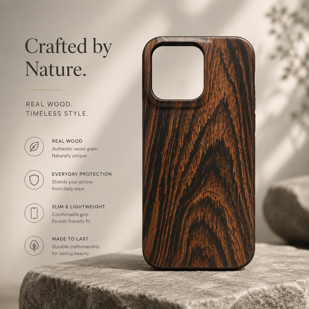 Premium iPhone Case Real Wood Back Cover Walnut Cherry Rosewood Bamboo Finish Camera Lens Protection Dustproof Secure Grip Anti Scratch Slim Design