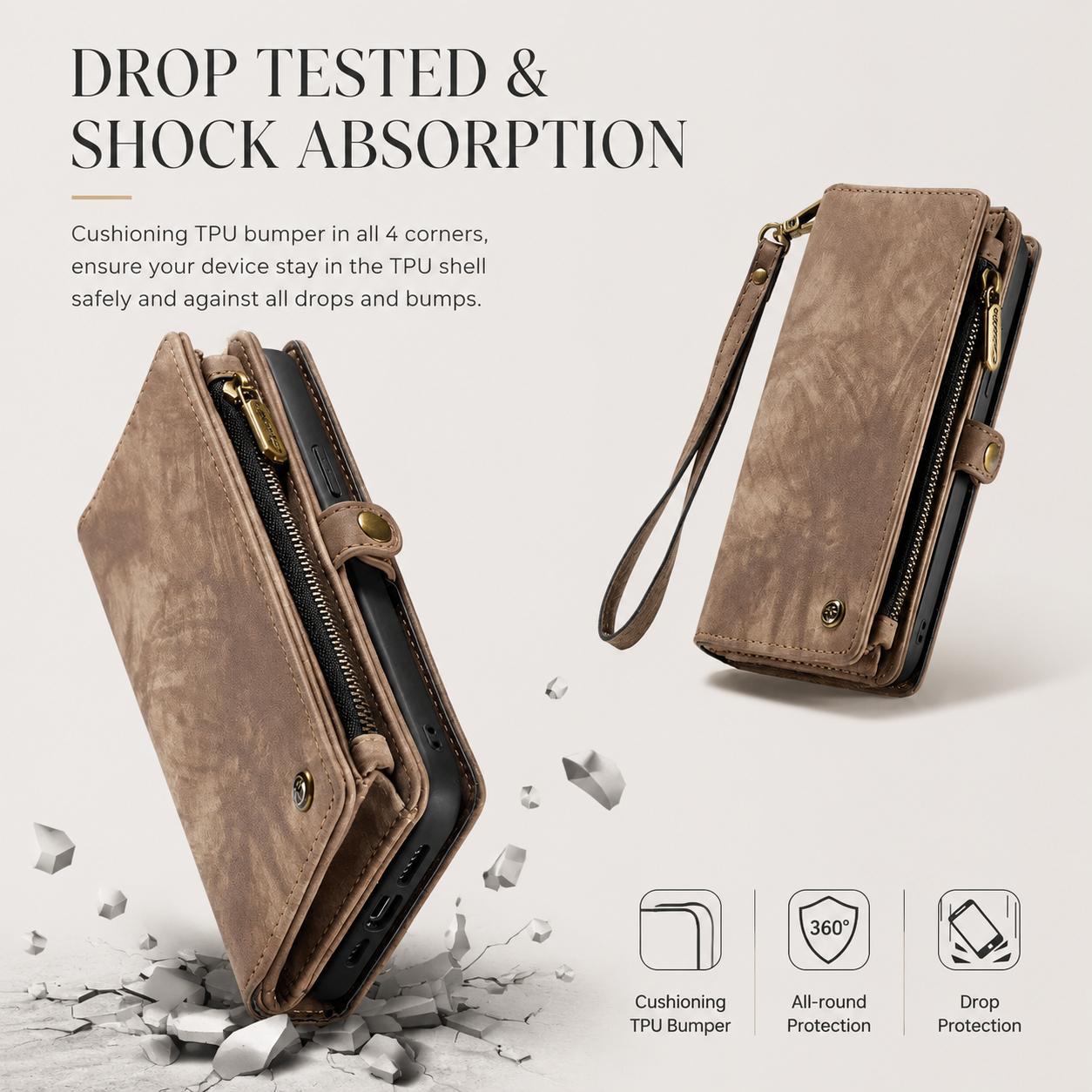 Premium iPhone Case Removable Magnetic Wallet Cover Card Holder Shockproof Leather Case Zipper Closure Lanyard Strap Stand Holder Anti Fingerprint Design