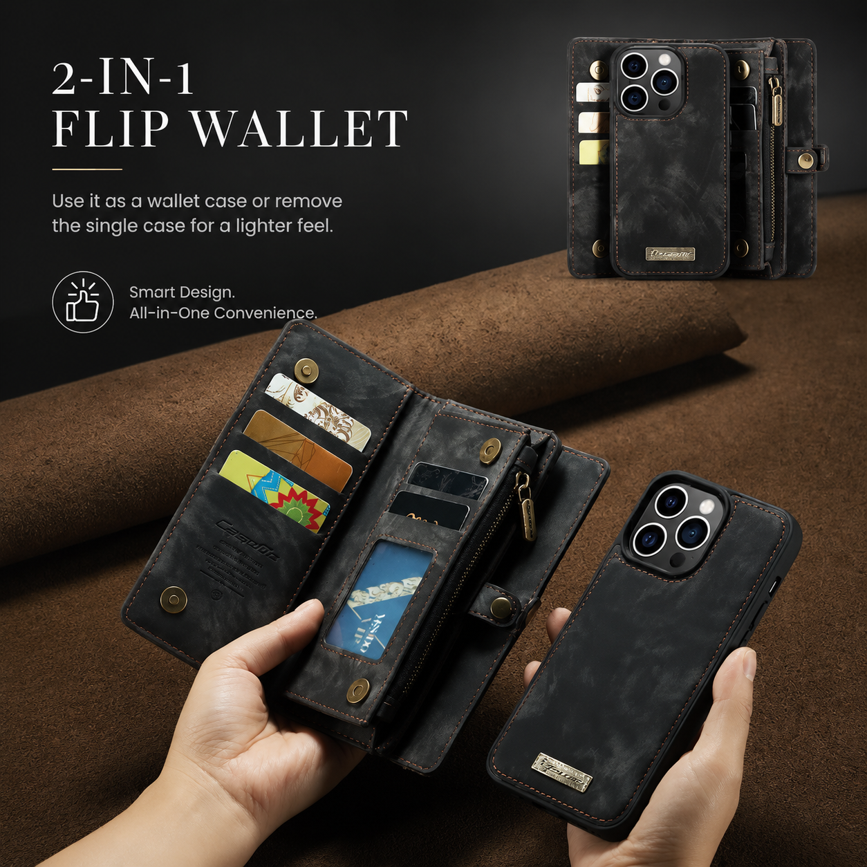 Premium iPhone Case Removable Magnetic Wallet Cover Card Holder Shockproof Leather Case Zipper Closure Lanyard Strap Stand Holder Anti Fingerprint Design