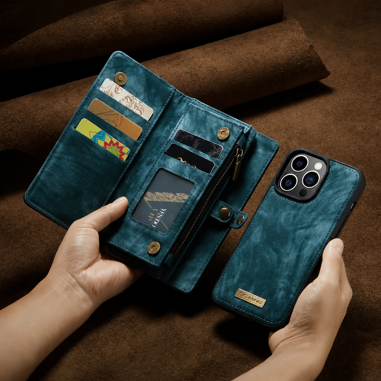 Premium iPhone Case Removable Magnetic Wallet Cover Card Holder Shockproof Leather Case Zipper Closure Lanyard Strap Stand Holder Anti Fingerprint Design