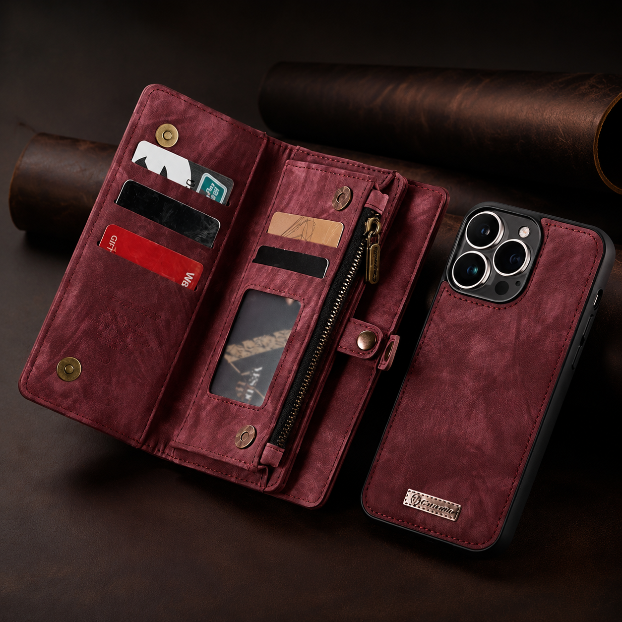 Premium iPhone Case Removable Magnetic Wallet Cover Card Holder Shockproof Leather Case Zipper Closure Lanyard Strap Stand Holder Anti Fingerprint Design