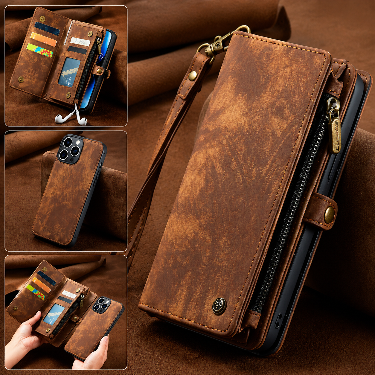 Premium iPhone Case Removable Magnetic Wallet Cover Card Holder Shockproof Leather Case Zipper Closure Lanyard Strap Stand Holder Anti Fingerprint Design