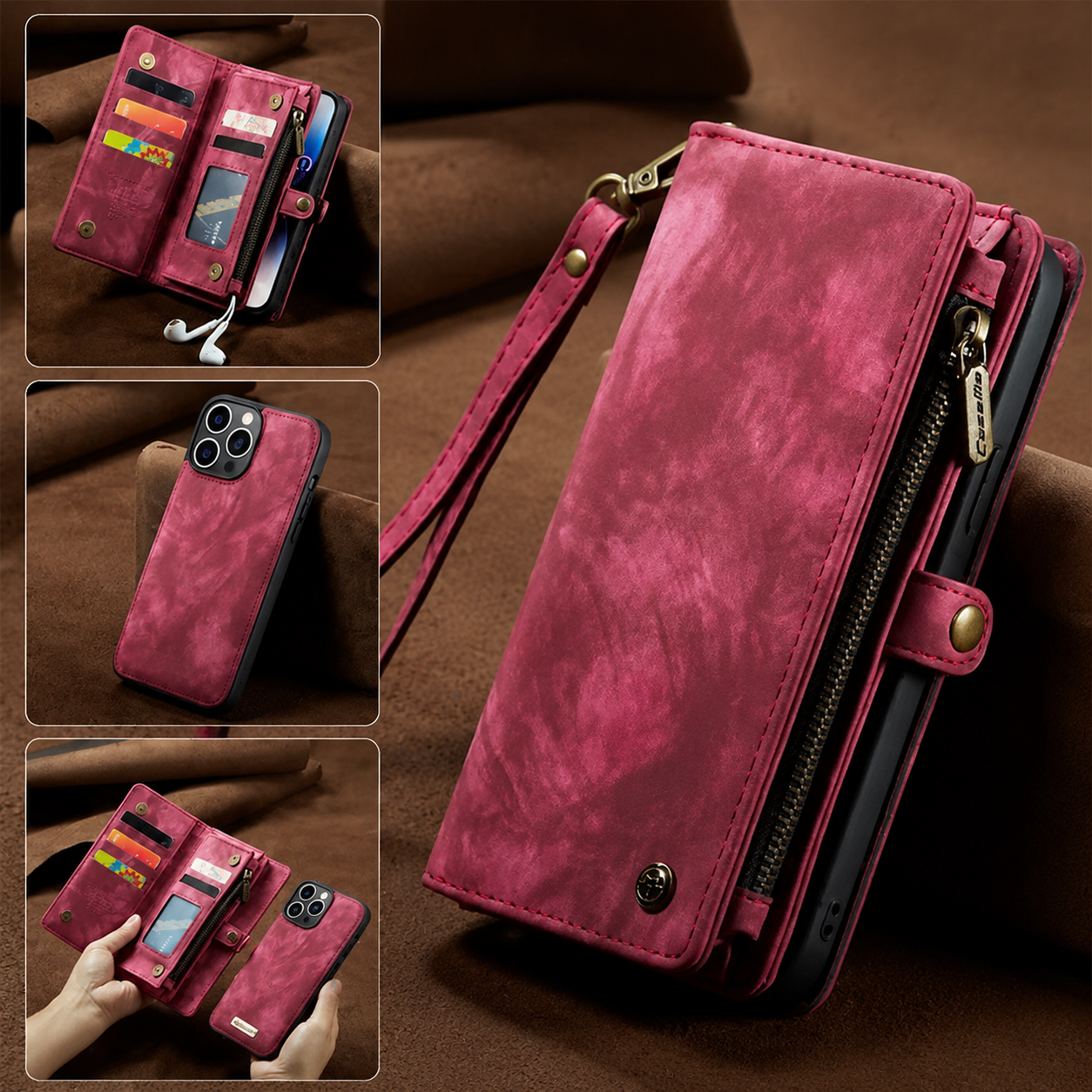 Premium iPhone Case Removable Magnetic Wallet Cover Card Holder Shockproof Leather Case Zipper Closure Lanyard Strap Stand Holder Anti Fingerprint Design