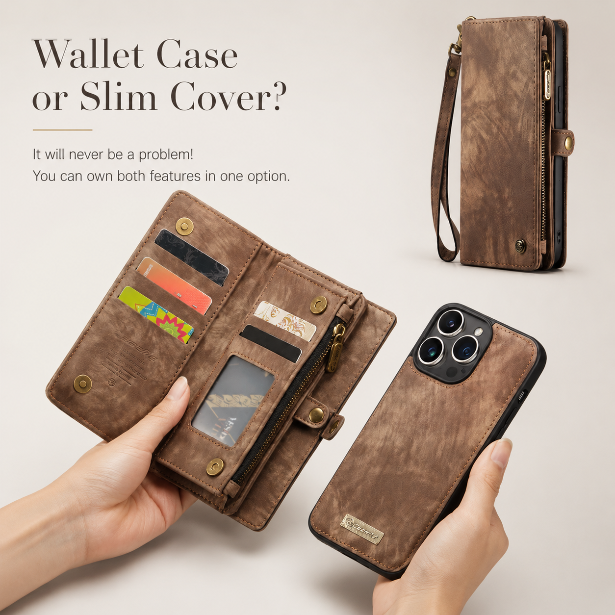 Premium iPhone Case Removable Magnetic Wallet Cover Card Holder Shockproof Leather Case Zipper Closure Lanyard Strap Stand Holder Anti Fingerprint Design