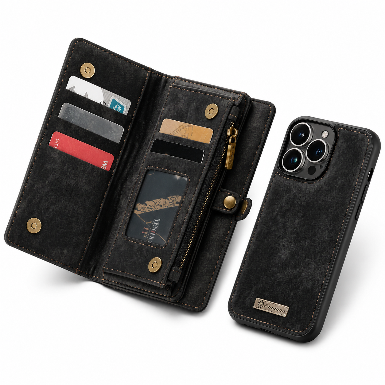 Premium iPhone Case Removable Magnetic Wallet Cover Card Holder Shockproof Leather Case Zipper Closure Lanyard Strap Stand Holder Anti Fingerprint Design