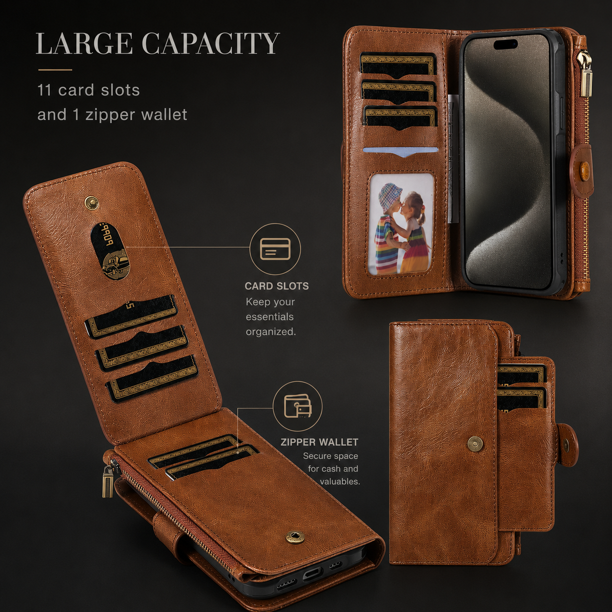 Premium iPhone Case Retro PU Leather Wallet Cover with Card Slots, Zipper Storage, Shockproof Protection, Secure Grip and Convenient Everyday Carry