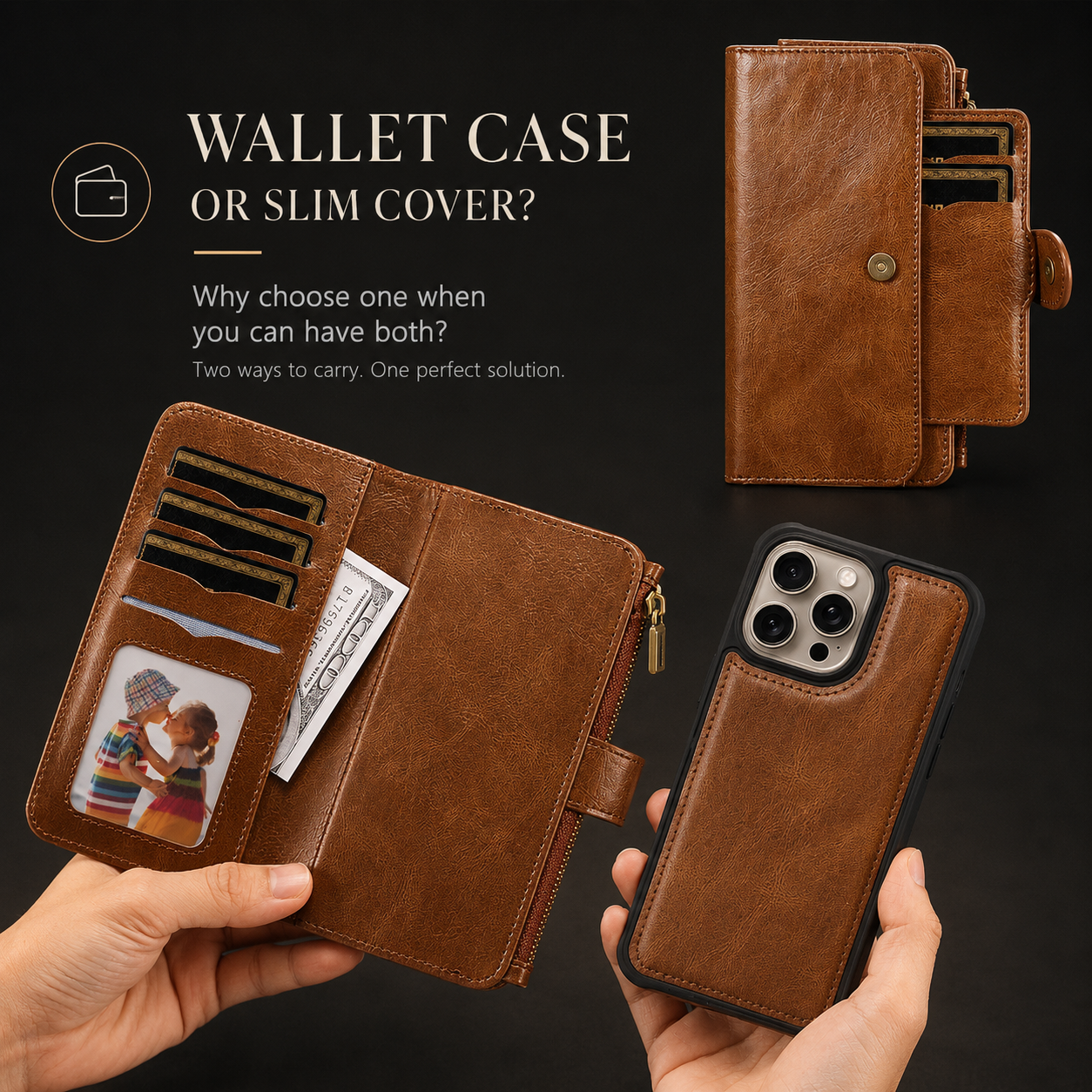 Premium iPhone Case Retro PU Leather Wallet Cover with Card Slots, Zipper Storage, Shockproof Protection, Secure Grip and Convenient Everyday Carry