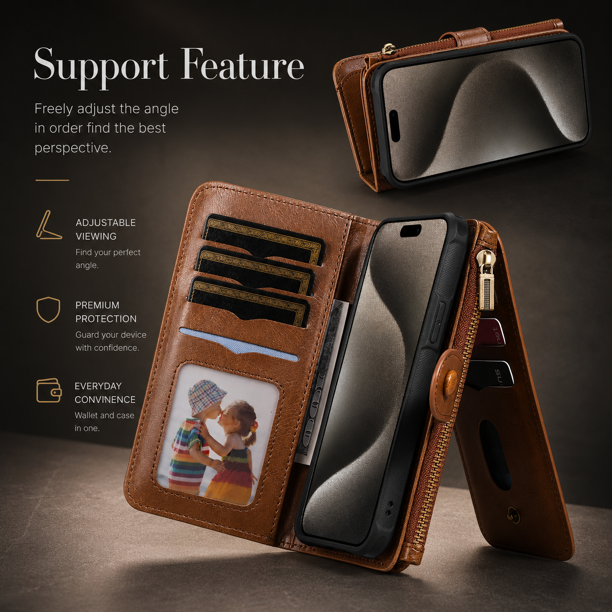 Premium iPhone Case Retro PU Leather Wallet Cover with Card Slots, Zipper Storage, Shockproof Protection, Secure Grip and Convenient Everyday Carry
