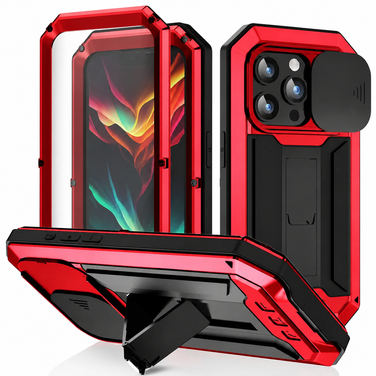 Premium iPhone Case Rugged Heavy Duty Aluminum Metal Full Body Cover Tempered Glass Screen Protector Lens Slider Shockproof Kickstand Water Resistant