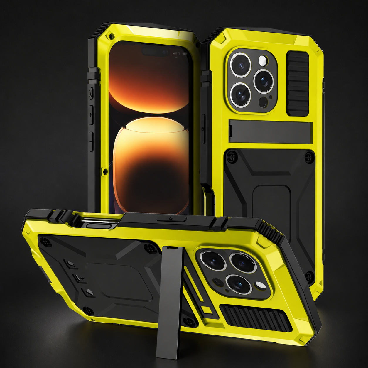 Premium iPhone Case Rugged Military Grade Aluminum Armor Cover 360 Shockproof Tempered Glass Screen Guard Dustproof Kickstand Heavy Duty Protection
