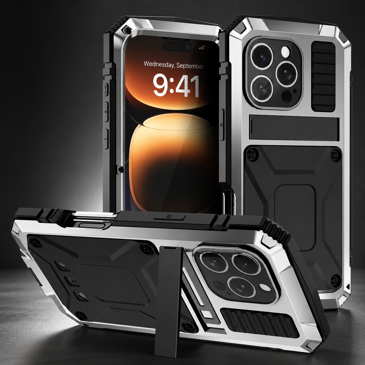Premium iPhone Case Rugged Military Grade Aluminum Armor Cover 360 Shockproof Tempered Glass Screen Guard Dustproof Kickstand Heavy Duty Protection