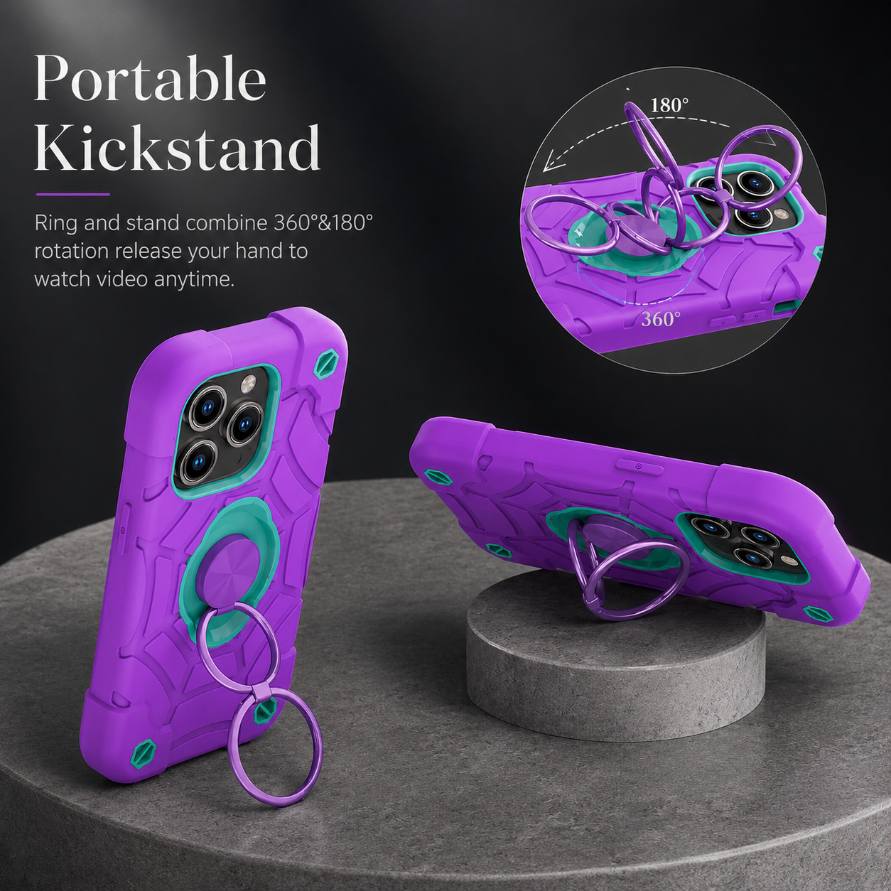 Premium iPhone Case Rugged Military Grade Protective Cover Camera Lens Protection Dual Layer Shockproof Armor Ring Holder Kickstand Full Protection