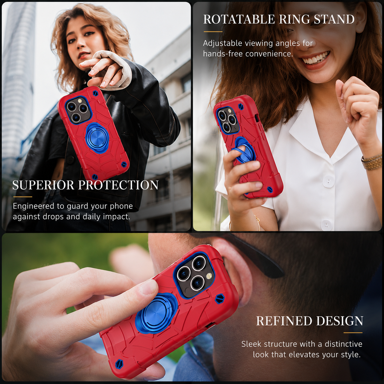 Premium iPhone Case Rugged Military Grade Protective Cover Camera Lens Protection Dual Layer Shockproof Armor Ring Holder Kickstand Full Protection