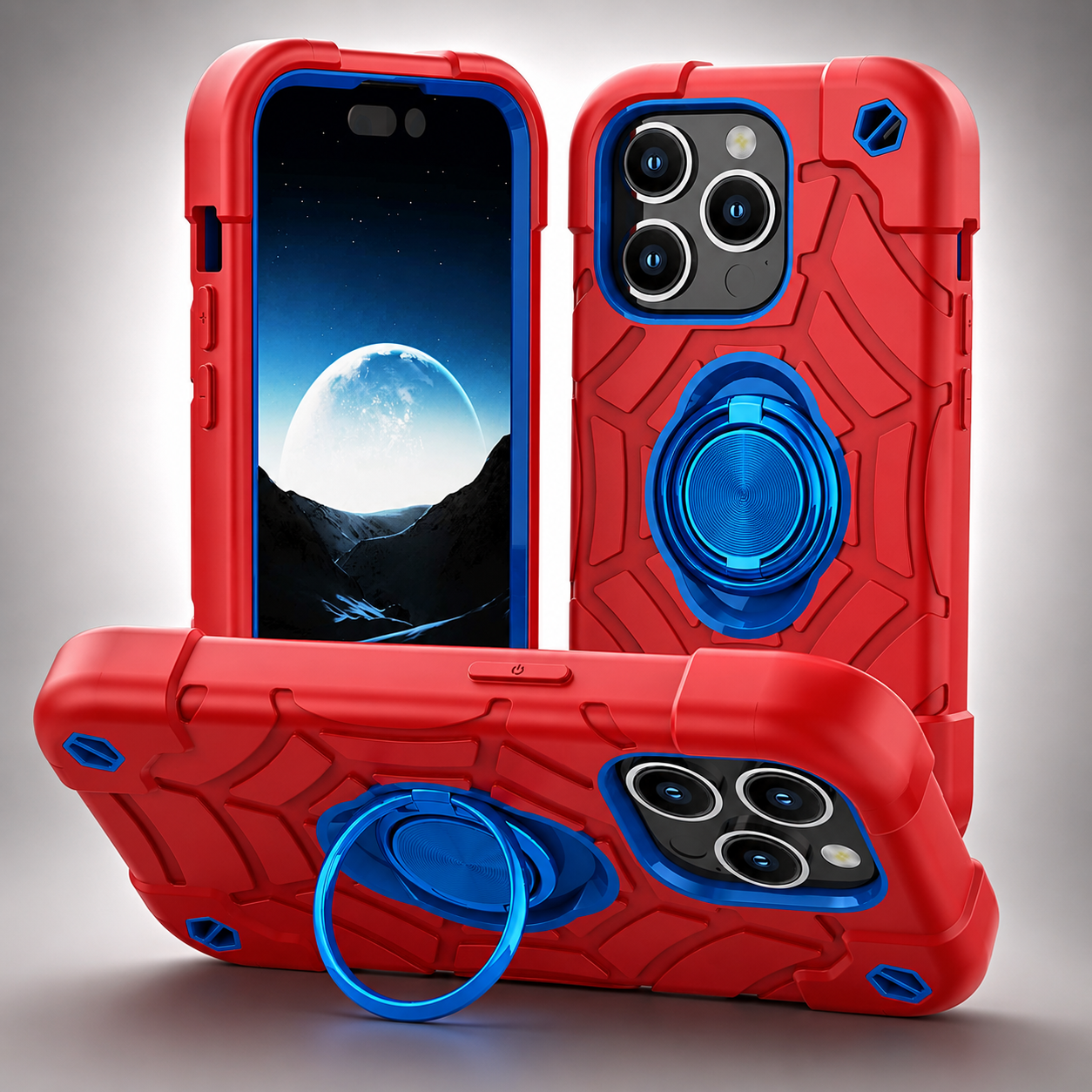 Premium iPhone Case Rugged Military Grade Protective Cover Camera Lens Protection Dual Layer Shockproof Armor Ring Holder Kickstand Full Protection