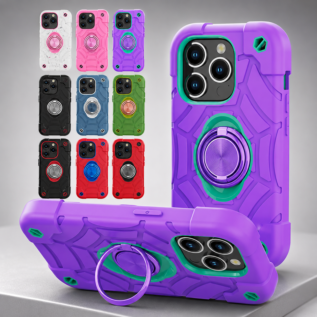 Premium iPhone Case Rugged Military Grade Protective Cover Camera Lens Protection Dual Layer Shockproof Armor Ring Holder Kickstand Full Protection
