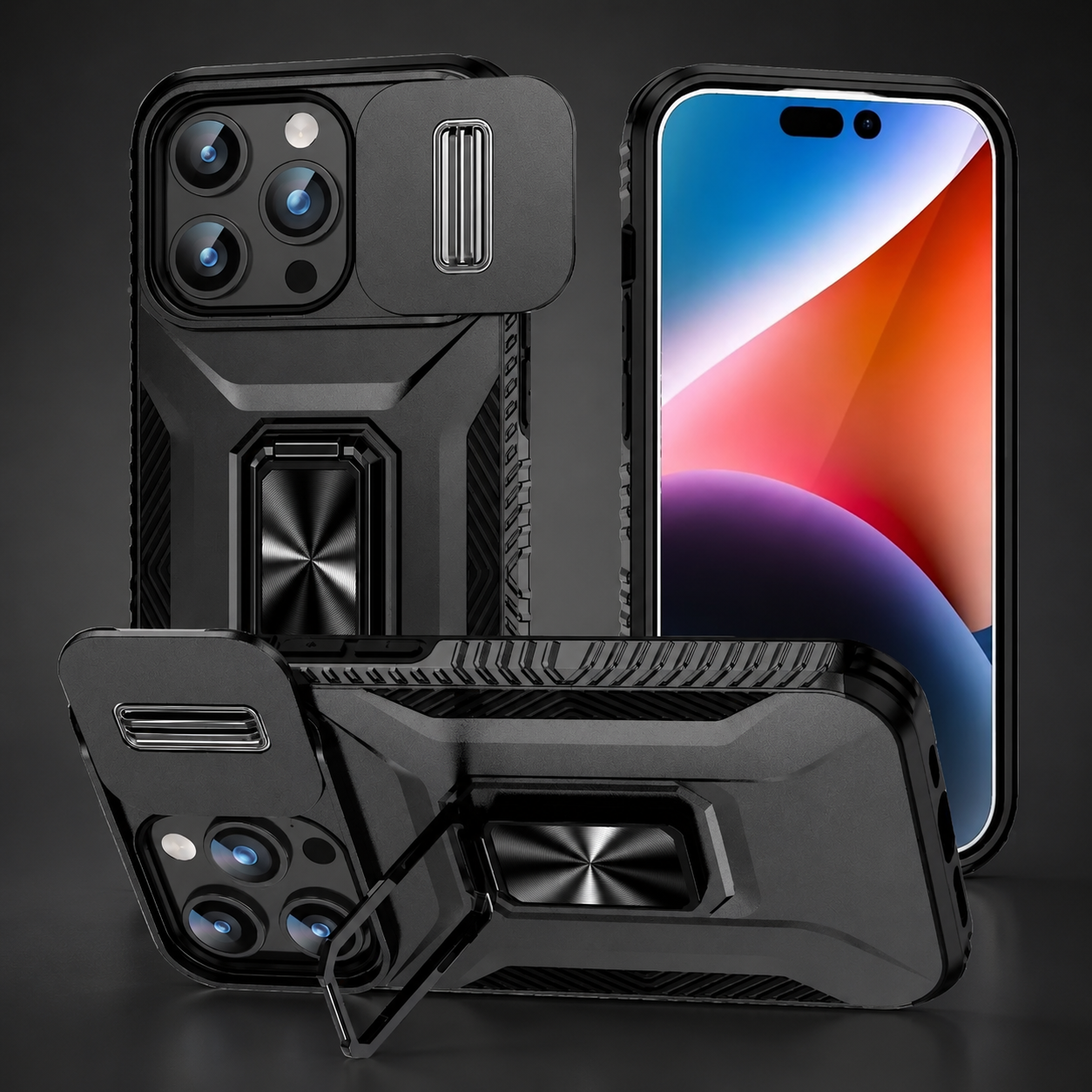 Premium iPhone Case Shockproof Protective Cover Sliding Camera Lens Guard Rotary Stand Anti Slip Grip Full Protection Durable Design