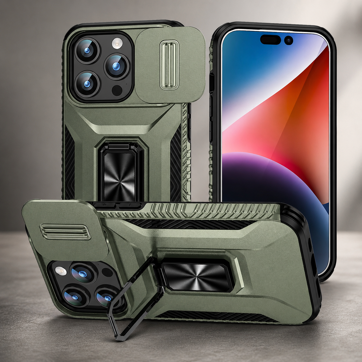 Premium iPhone Case Shockproof Protective Cover Sliding Camera Lens Guard Rotary Stand Anti Slip Grip Full Protection Durable Design