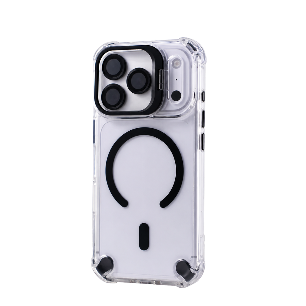 Premium iPhone Case Transparent Magnetic Shockproof Cover with Glass Lens Protector, Built-In Stand Holder, Full-Coverage Non-Slip Design