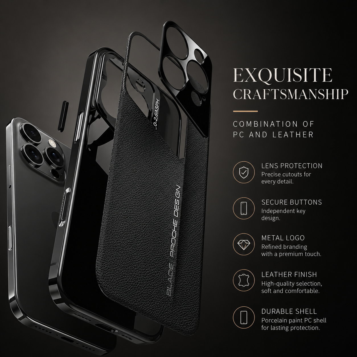 Premium iPhone Case Vegan Leather Hard Back Cover with Camera Lens Protection, Anti Fingerprint Finish, Scratch Resistant Design and Elegant Business Style